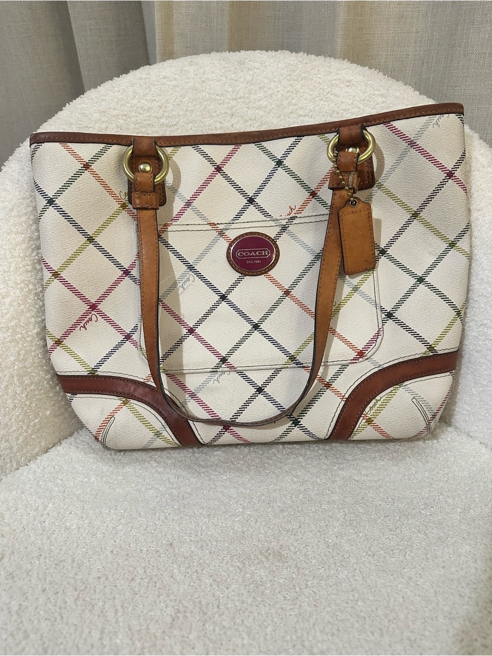 Vintage Coach Peyton Tattersall Tote Bag Ivory Plaid